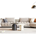 Modern Light Gray Sofa Coffee Table Set With Colored Cushions And Round Tables 3d model
