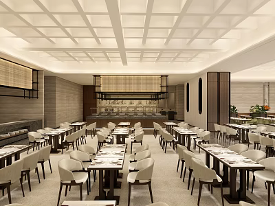 Modern Restaurant Interior With White Grid Ceiling Dining Tables And Spacious Layout 3d model