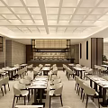 Modern Restaurant Interior With White Grid Ceiling Dining Tables And Spacious Layout