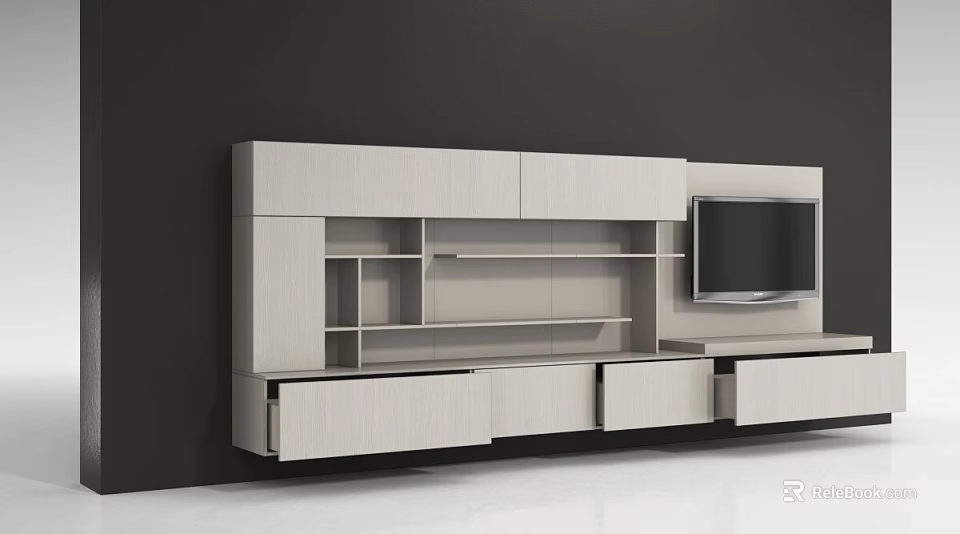Modern TV Wall Unit With Storage Shelves Drawers And Built in TV On Dark Wall 3d model 