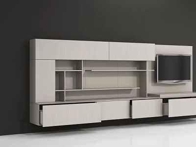 Modern TV Wall Unit With Storage Shelves Drawers And Built in TV On Dark Wall 3d model