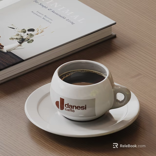 White Coffee Cup With Danesi Caffè Logo On Saucer Near Open Book On Wooden Table 3d model 