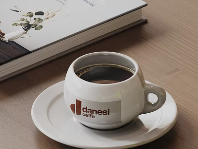 White Coffee Cup With Danesi Caffè Logo On Saucer Near Open Book On Wooden Table 3d model