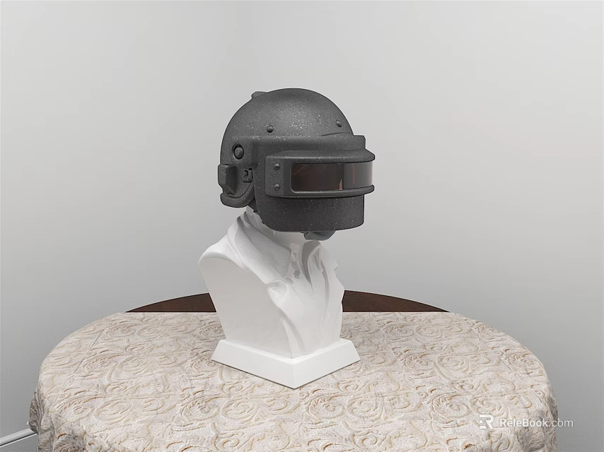 Black Tactical Helmet Displayed On White Mannequin Head Over Round Tablecloth 3d model 