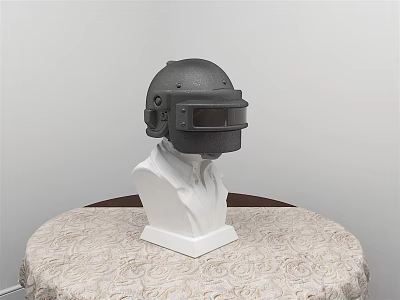 Black Tactical Helmet Displayed On White Mannequin Head Over Round Tablecloth 3d model