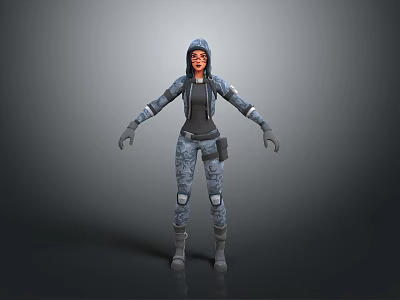 Woman in Camouflage Tactical Outfit with Hooded Cap and Gloves 3d model