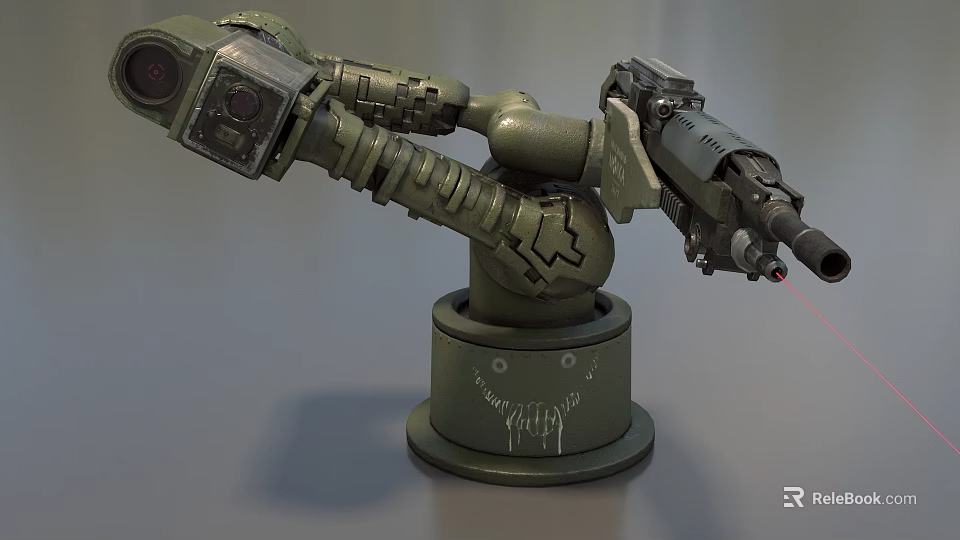 Green Military Style Mechanical Arm Weapon With Barrel Mounted Base And Mechanical Structure 3d model 