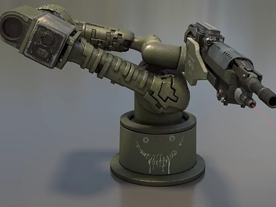Green Military Style Mechanical Arm Weapon With Barrel Mounted Base And Mechanical Structure 3d model
