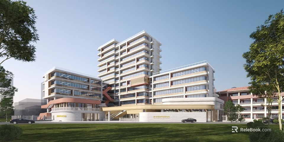 Modern Multi Storey Commercial Street Architecture With Glass Curtain Walls Green Lawn And Parked Vehicles 3d model 