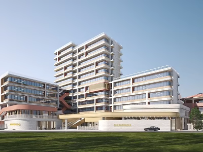 Modern Multi Storey Commercial Street Architecture With Glass Curtain Walls Green Lawn And Parked Vehicles 3d model