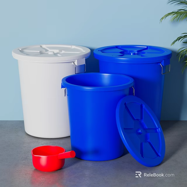 Plastic Trash Bins In White Blue And Red With Removable Lids 3d model 