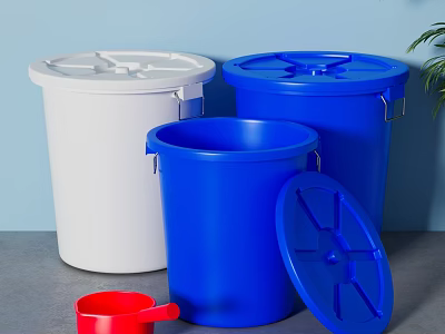Plastic Trash Bins In White Blue And Red With Removable Lids 3d model