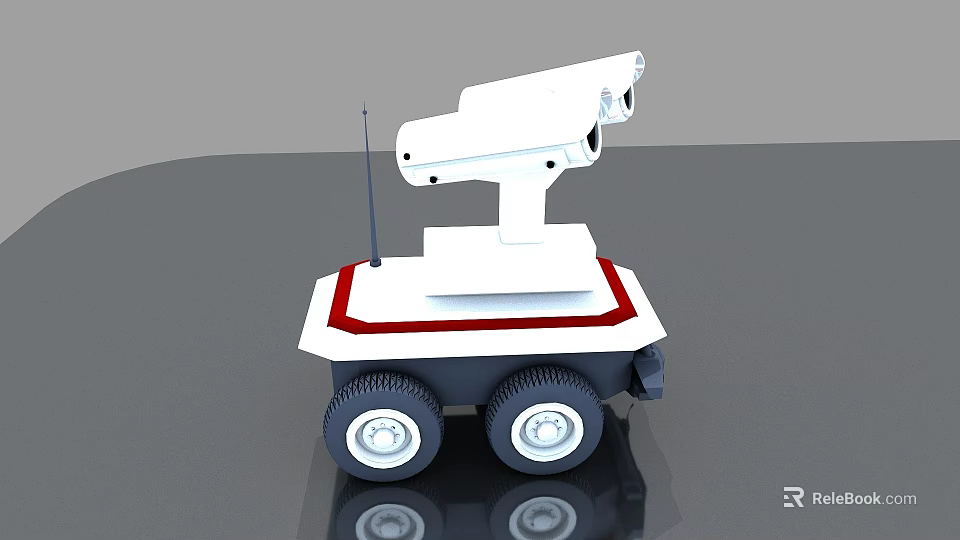 White Robot Car With Security Camera Red Trim Antenna And Wheels 3d model