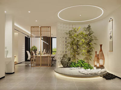 Modern Public Office Space With Open Layout Green Plants Round Lighting And Wooden Partition 3d model