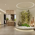 Modern Public Office Space With Open Layout Green Plants Round Lighting And Wooden Partition