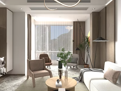 Modern Warm Living Room Interior Design With Comfortable Seats Round Coffee Table And Large Window 3d model