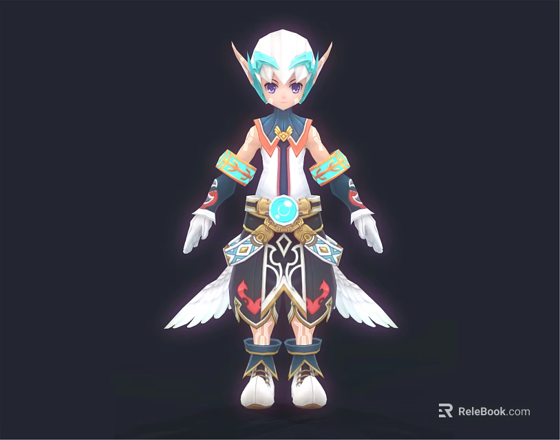 Mythical Elf Character With Blue Hair White Wings Blue Gem Belt And Colorful Arm Cuffs 3d model 