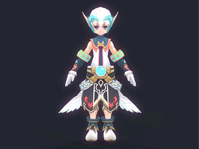 Mythical Elf Character With Blue Hair White Wings Blue Gem Belt And Colorful Arm Cuffs 3d model