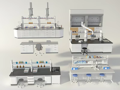 Laboratory Workbench Setup With Drawers Shelves Reagent Bottles And Chairs 3d model