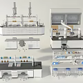 Laboratory Workbench Setup With Drawers Shelves Reagent Bottles And Chairs 3d model