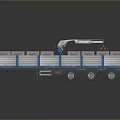 Blue Cargo Truck With Crane Arm Lifting Red Packages On Multi Wheel Trailer