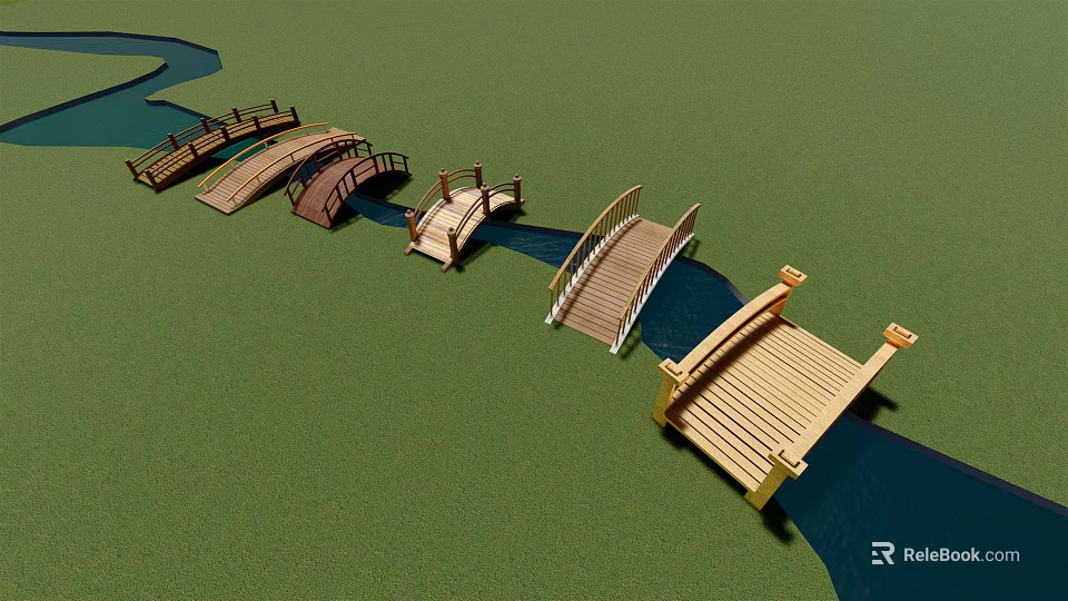 Various Styles of Wooden Bridges Over Water in Green Grass Landscape 3d model 