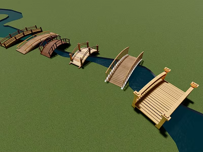 Various Styles of Wooden Bridges Over Water in Green Grass Landscape 3d model