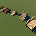 Various Styles of Wooden Bridges Over Water in Green Grass Landscape