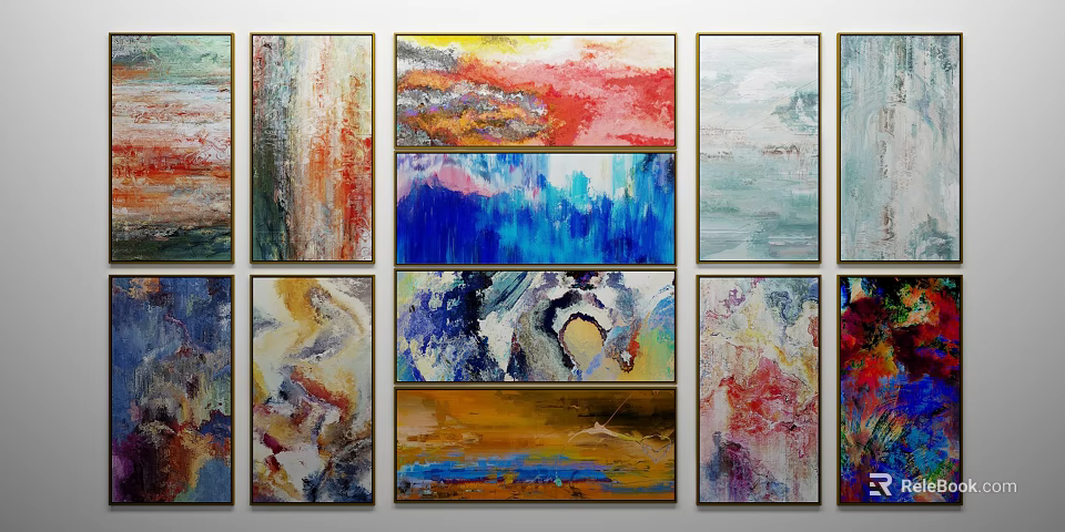 Colorful Abstract Oil Paintings Displayed on Wall With Vibrant Hues And Textured Brushstrokes 3d model 