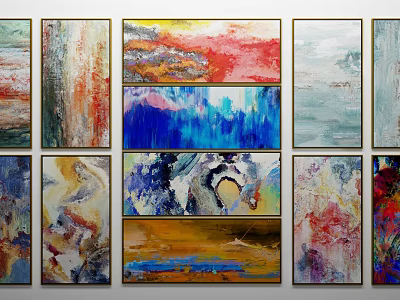 Colorful Abstract Oil Paintings Displayed on Wall With Vibrant Hues And Textured Brushstrokes 3d model