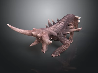 Armored Brown Dinosaur 3D Model With Multiple Spikes And Horns On Dark Background 3d model