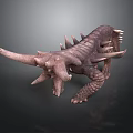 Armored Brown Dinosaur 3D Model With Multiple Spikes And Horns On Dark Background