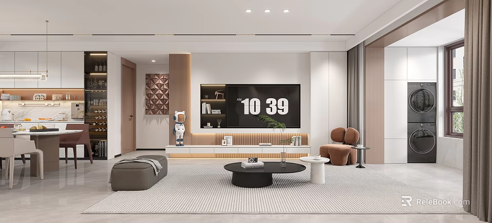 Modern Living Dining Room Interior With Large Screen TV Sofa And Coffee Table 3d model