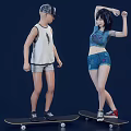 Two People Skateboarding In Casual Outfits On Dark Background 3d model