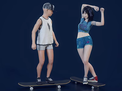 Two People Skateboarding In Casual Outfits On Dark Background 3d model