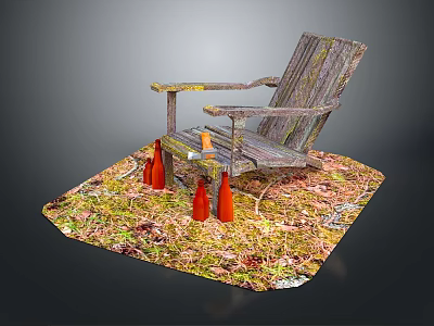 Outdoor Setting Featuring Weathered Wooden Chair On Moss Covered Ground With Orange Cones 3d model