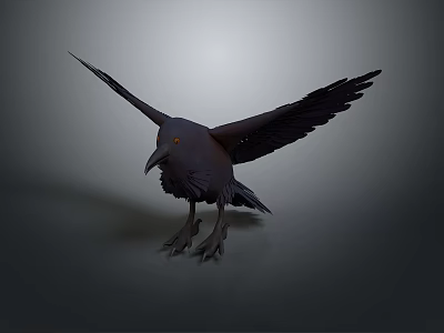 Detailed Black Crow With Spread Wings Standing On Gray Background 3d model