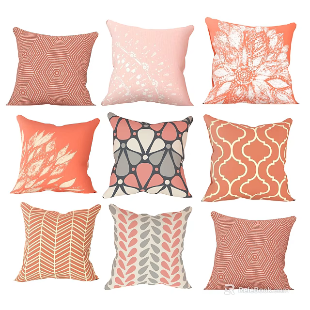 Colorful Decorative Pillows with Orange Pink Geometric Floral Leaf Patterns 3d model