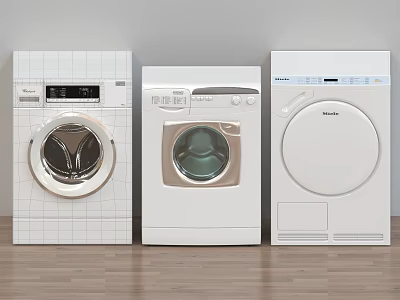 Three White Washing Machines Side By Side With Different Control Panel Designs And Wooden Floor 3d model