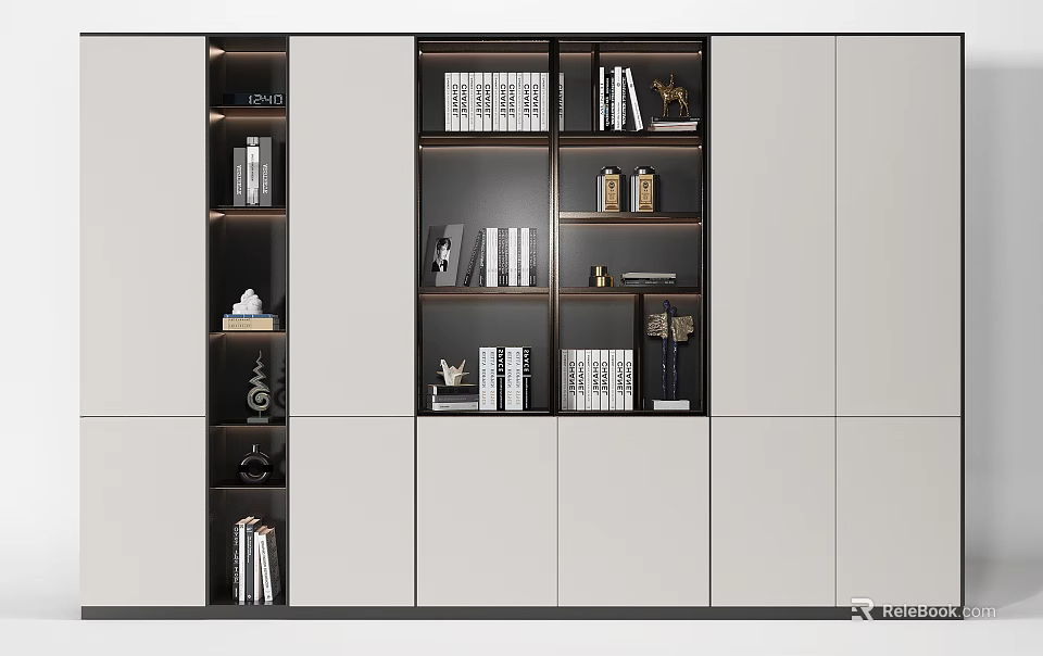 Modern Black and White Decorative Cabinet with Open Shelves and Decorative Items 3d model 