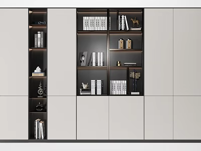 Modern Black and White Decorative Cabinet with Open Shelves and Decorative Items 3d model