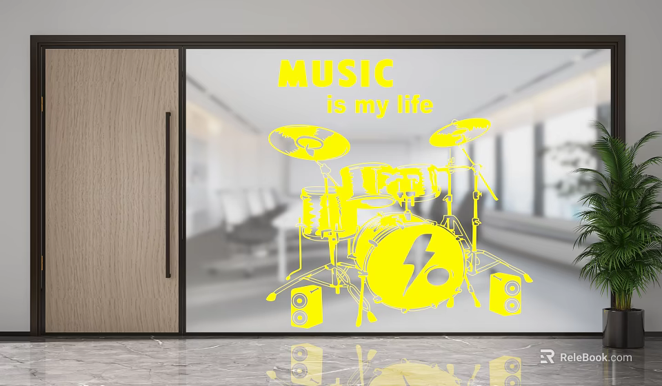 Modern Glass Office Partition With Yellow Music Graphics And Drums Design 3d model 