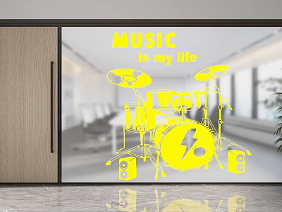 Modern Glass Office Partition With Yellow Music Graphics And Drums Design 3d model