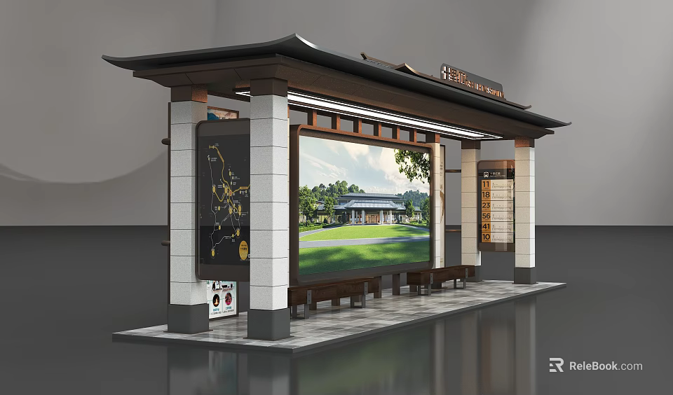 Traditional Style Bus Stop Exterior With Large Digital Screen And Wooden Bench 3d model 