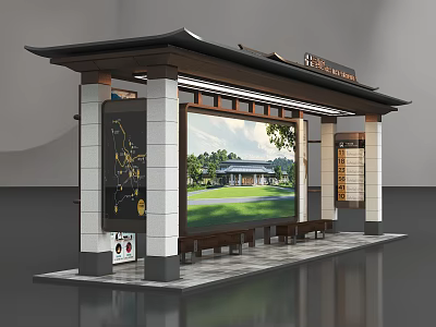 Traditional Style Bus Stop Exterior With Large Digital Screen And Wooden Bench 3d model