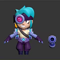 Cartoon 3D Character With Turquoise Hair Eye Lens And Purple Outfit With Mechanical Device