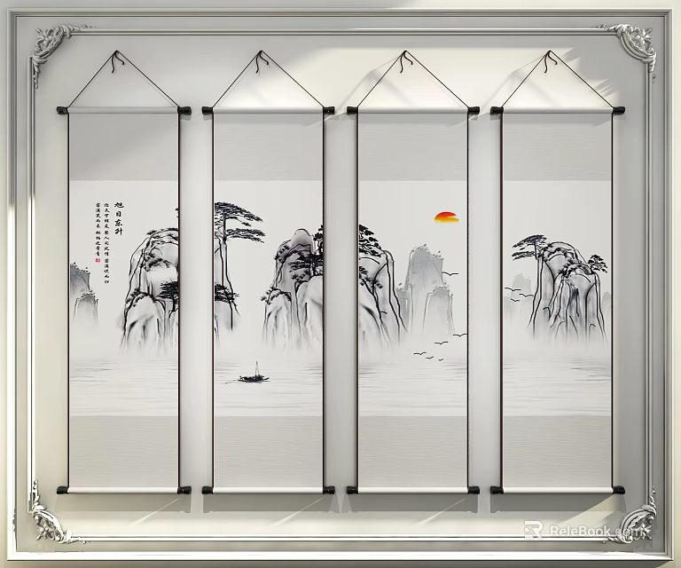 Chinese Landscape Scroll Paintings With Mountains Pine Trees Sun And Boat For Wall Decor 3d model 