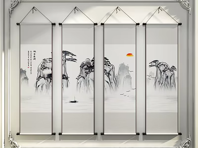 Chinese Landscape Scroll Paintings With Mountains Pine Trees Sun And Boat For Wall Decor 3d model