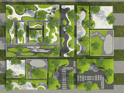 Diverse Garden Features Layouts With Greenery Paths Water Elements And Paving 3d model