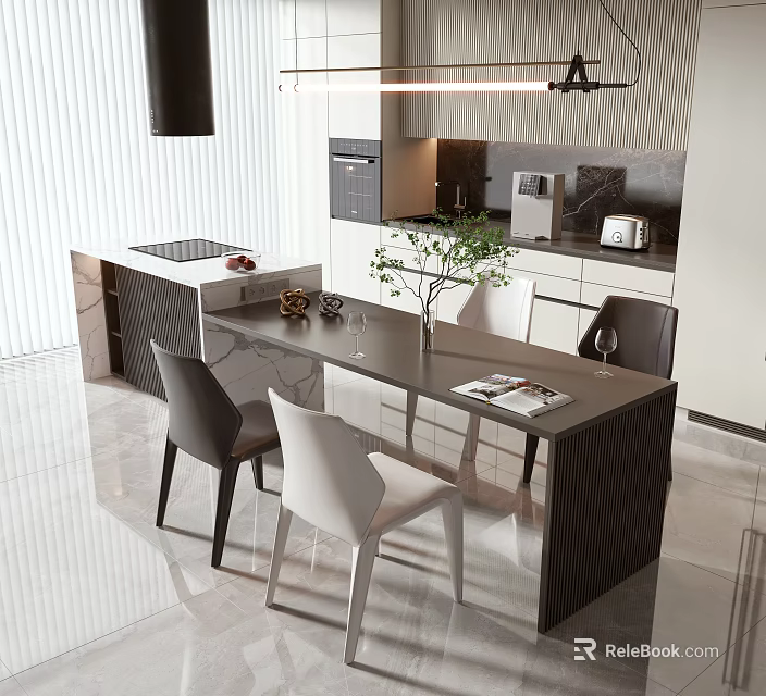 Elegant Modern Dining Table Set With Chairs Potted Plant And Kitchen Island 3d model 